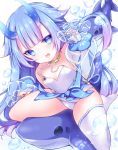  1girl arm_up azur_lane blue_hair blue_theme breasts bubble cleavage collarbone commentary_request horns i-13_(azur_lane) kabocha_usagi long_hair looking_at_viewer open_mouth shark simple_background single_thighhigh sitting sitting_on_object small_breasts solo swimsuit thick_eyebrows thighhighs white_background white_legwear 