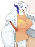  1girl apron blue_eyes furry highres naked_apron open_mouth ruishin short_hair solo white_hair 