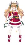  1girl absurdres ahoge antlers blonde_hair blush daye_bie_qia_lian eyebrows_visible_through_hair full_body fur_trim green_eyes hands_on_hips hat highres open_mouth pantyhose red_skirt romantic_saga_of_beauty_&amp;_devil santa_costume santa_hat skirt smile transparent_background twintails white_legwear 