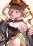  1girl @ alternate_costume black_sleeves blonde_hair blush breasts brown_eyes cleavage commentary_request djeeta_(granblue_fantasy) dress eyebrows_visible_through_hair from_side granblue_fantasy hair_ornament hairband hat highres looking_to_the_side medium_breasts milli_little short_hair simple_background sleeveless smile solo sweatdrop torn_clothes twitter_username white_background 
