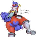  anthro avian backsack balls bird boots butt clothed clothing dialogue english_text falco_lombardi falcon falconid footwear looking_back male nintendo open_mouth solo star_fox text torn_clothing vein video_games wizzikt 