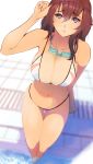  1girl absurdres bikini blue_eyes blush breasts brown_hair chikushi_nitouhei cleavage erect_nipples goggles highres large_breasts lips looking_at_viewer multicolored multicolored_bikini multicolored_clothes navel original solo swim_cap swimsuit wading_pool water wet 