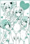  4girls black_sister cosplay covering covering_breasts green_heart green_heart_(cosplay) heart highres looking_at_viewer monochrome multiple_girls neptune_(series) official_art open_mouth purple_sister smile tsunako white_sister_ram white_sister_rom 