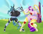  2019 anthro big_breasts blues64 breasts changeling duo equid feathered_wings feathers female friendship_is_magic hair hi_res holding_object holding_weapon horn huge_breasts hyper hyper_breasts long_hair mammal marauder6272 melee_weapon multicolored_hair my_little_pony outside princess_cadance_(mlp) queen_chrysalis_(mlp) shield sword weapon winged_unicorn wings 