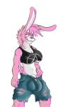  2019 3_fingers anthro athletic balls balls_outline big_bulge breasts buckteeth bulge clothed clothing demon dickgirl digital_drawing_(artwork) digital_media_(artwork) flaccid front_view fur grin hair hi_res horn intersex lagomorph long_ears looking_at_viewer lust_(madlag) madlag mammal midriff muscular navel penis penis_outline pink_fur poking_out pose rabbit shirt shorts signature smile solo solo_focus standing tank_top teeth tight_clothing 