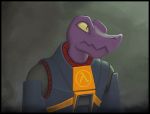  alien clothing creep_(goosebumps) crossover digital_media_(artwork) digital_painting_(artwork) eurocreep goosebumps gordon_freeman half-length_portrait half-life hev_suit lizard portrait purple_scales reptile scales scalie sharp_teeth slit_pupils teeth valve video_games yellow_eyes 