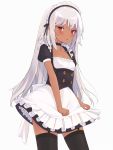  1girl altera_(fate) alternate_costume black_choker black_legwear choker dark_skin enmaided fate/grand_order fate_(series) garter_straps highres komiyanigi long_hair maid maid_headdress red_eyes solo tan thighhighs white_background white_hair 