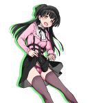  1girl :d black_hair breasts dress highres long_hair open_mouth original panties pink_panties pubic_hair purple_legwear see-through shiwasu_no_okina simple_background smile solo thighhighs two_side_up underwear white_background yellow_eyes 