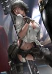  1girl belt black_gloves black_hair black_legwear blurry blurry_background breasts chaps cleavage dante_(devil_may_cry) devil_may_cry devil_may_cry_5 fingerless_gloves gloves heterochromia jacket kalina_ann_(weapon) lady_(devil_may_cry) looking_to_the_side midriff navel parted_lips red_jacket rocket_launcher short_hair short_shorts shorts solo_focus stomach suspenders weapon zumi_(zumidraws) 