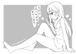  1girl bangs bare_arms bare_legs bare_shoulders barefoot blush cellphone chinese_text eyebrows_visible_through_hair grey_background greyscale hair_between_eyes hatsunatsu holding holding_cellphone holding_phone long_hair monochrome naked_towel original parted_lips phone profile sitting solo towel translation_request two-tone_background very_long_hair wet white_background 