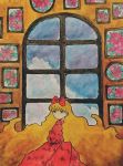  1girl bangs blonde_hair blue_eyes blue_sky bow cloud cloudy_sky dress expressionless eyebrows_visible_through_hair flower frame hair_bow highres long_hair long_sleeves no_nose original pink_flower red_bow sakura_szm sky solo traditional_media upper_body very_long_hair wall watercolor_(medium) window 