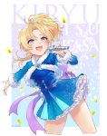  1girl :d blonde_hair blue_dress character_name confetti cropped_legs dress earrings eyebrows_visible_through_hair fur-trimmed_sleeves fur_trim furrowed_eyebrows glint hair_intakes highres holding holding_microphone idolmaster idolmaster_cinderella_girls jewelry kakitsubata_zero kiryuu_tsukasa_(idolmaster) legs_apart long_hair long_sleeves microphone open_mouth pinky_out purple_eyes short_dress smile solo sparkle 
