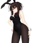  1girl absurdres animal_ears black_hair black_legwear bow bowtie breasts bunny_ears bunny_girl bunnysuit hair_between_eyes hand_on_hip healther highres looking_at_viewer original pantyhose ponytail red_eyes simple_background white_background wrist_cuffs 