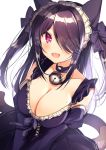  1girl :d absurdres animal_ears bangs bell black_dress black_hair blue_eyes blush breasts cat_ears cat_girl cat_tail cleavage collar collarbone detached_sleeves dress fang frilled_dress frills hair_over_one_eye headdress heart heterochromia highres jingle_bell juliet_sleeves large_breasts long_hair long_sleeves looking_at_viewer mole mole_on_breast nenobi_(nenorium) open_mouth original pink_eyes puffy_sleeves sidelocks signature simple_background smile solo tail two_side_up white_background 