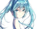  1girl arms_at_sides bangs bare_shoulders blue_eyes blue_hair blue_neckwear close-up deep_(deep4946) ear_piercing earrings eyebrows_visible_through_hair floating_hair hair_between_eyes hatsune_miku highres jewelry long_hair looking_at_viewer necktie piercing pink_earrings shirt short_bangs simple_background sleeveless sleeveless_shirt smile solo twintails upper_body vocaloid white_background white_shirt 