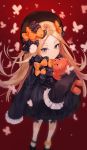  1girl abigail_williams_(fate/grand_order) absurdres bangs black_bow black_dress black_footwear black_headwear blonde_hair bloomers blue_eyes blush bow bug butterfly closed_mouth dress fate/grand_order fate_(series) forehead gradient gradient_background hair_bow highres holding holding_stuffed_animal insect kian legs long_hair long_sleeves looking_at_viewer object_hug orange_bow parted_bangs polka_dot polka_dot_bow red_background sleeves_past_fingers sleeves_past_wrists solo stuffed_animal stuffed_toy teddy_bear underwear white_bloomers 