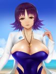  1girl areola_slip areolae blush breasts brown_eyes cleavage creatures_(company) curvy easonx game_freak highres huge_breasts jewelry looking_at_viewer nail_polish necklace nintendo pokemon pokemon_(anime) purple_hair smile solo standing uchikido_(pokemon) upper_body 