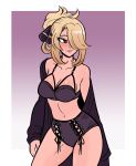  1girl bathrobe bikini blonde_hair blush breasts cleavage commentary contrapposto creatures_(company) english_commentary game_freak hair_ornament hair_over_one_eye highres lace-up lips medium_breasts navel nintendo off_shoulder pokemon pokemon_(game) pokemon_dppt purple_bikini purple_eyes scruffyturtles shirona_(pokemon) short_hair solo standing swimsuit updo 