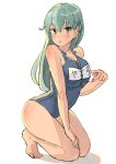  1girl aqua_eyes aqua_hair barefoot blue_swimsuit breasts commentary_request full_body hair_ornament hairclip hand_on_own_thigh highres kantai_collection kneeling large_breasts long_hair looking_at_viewer name_tag school_swimsuit simple_background solo soushou_nin suzuya_(kantai_collection) swimsuit tongue tongue_out white_background work_in_progress 