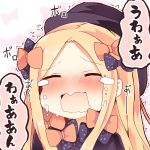  1girl abigail_williams_(fate/grand_order) bangs black_bow black_dress black_headwear blonde_hair blush bow commentary_request crying dress eyebrows_visible_through_hair eyes_closed facing_viewer fate/grand_order fate_(series) forehead hair_bow hat long_hair matsushita_yuu nose_blush open_mouth orange_bow parted_bangs polka_dot polka_dot_bow solo tears translation_request trembling upper_body wavy_mouth 