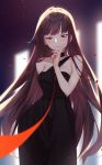  1girl alternate_costume alternate_hairstyle arms_behind_back bangs bare_shoulders black_dress blurry blurry_background blush breasts choker closed_mouth commentary contrapposto dress eyebrows_visible_through_hair girls_frontline hand_up highres hoshi_usagi large_breasts light_particles long_hair looking_at_viewer mole mole_on_breast petals pov purple_hair red_eyes red_string sidelocks single_strap smile solo string tsurime very_long_hair wa2000_(girls_frontline) 
