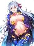  1girl breasts breasts_apart commentary_request earrings elbow_gloves fate/grand_order fate_(series) flower gloves gradient_hair hair_ribbon jewelry kama_(fate/grand_order) large_breasts long_hair multicolored_hair navel open_mouth pasties red_eyes red_flower revealing_clothes ribbon silver_hair solo very_long_hair white_background yuki_maccha_(yukimattya10) 