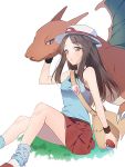  1girl baseball_cap blue_(pokemon) blue_eyes blush brown_eyes brown_hair charizard creatures_(company) game_freak gen_1_pokemon hat highres long_hair nintendo poke_ball pokemon pokemon_(creature) pokemon_(game) pokemon_rgby ryonhei shirt skirt smile solo super_smash_bros. super_smash_bros_ultimate white_background 