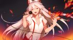  1girl absurdres bangs black_background bow cable commentary_request eyebrows_visible_through_hair fire fujiwara_no_mokou hair_between_eyes hair_bow hands_up highres holding holding_microphone long_hair looking_at_viewer microphone open_mouth pants red_eyes red_pants saisarisu shirt silver_hair solo suspenders sweat touhou upper_body very_long_hair white_bow white_shirt wing_collar 