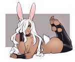  animal_humanoid breasts choker clothing dark_skin faint female final_fantasy hair humanoid lagomorph lagomorph_humanoid legwear looking_at_viewer lying mammal on_front rabbit_humanoid rubber smile solo square_enix thick_thighs thigh_highs video_games viera 