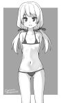  1girl :d arms_behind_back bangs bare_shoulders bikini bow breasts collarbone eyebrows_visible_through_hair gluteal_fold grey_background greyscale groin hair_bow hatsunatsu long_hair low_twintails micro_bikini monochrome navel open_mouth original small_breasts smile solo swimsuit twintails two-tone_background white_background 
