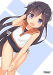  1girl artist_name black_hair blush brown_hair collarbone cowboy_shot eyebrows_visible_through_hair flat_chest hair_between_eyes hand_in_hair headgear highres i-400_(kantai_collection) kantai_collection long_hair looking_at_viewer one-piece_swimsuit open_mouth orange_sailor_collar pepatiku sailor_collar school_swimsuit school_uniform shirt sleeveless sleeveless_shirt smile solo standing swimsuit swimsuit_under_clothes white_background 