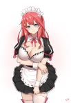  1girl :t alternate_costume apron bangs black_skirt blue_eyes blush bow bow_legwear breasts cleavage closed_mouth cyicheng eyebrows_visible_through_hair frilled_sleeves frills go-toubun_no_hanayome hair_between_eyes hair_ornament large_breasts long_hair looking_at_viewer maid maid_apron maid_headdress nakano_itsuki pout puffy_short_sleeves puffy_sleeves red_bow red_hair short_sleeves simple_background skirt solo standing star star_hair_ornament thighhighs white_apron white_background white_legwear wrist_cuffs zettai_ryouiki 