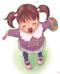  1girl basket blush brown_hair candy child coat eyes_closed food hair_ornament hair_tie happy ironashi leggings mary_janes shoes short_hair simple_background skirt sweets tongue twintails 