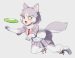  1girl animal_ear_fluff animal_ears blue_eyes boots dog_(mixed_breed)_(kemono_friends) dog_ears dog_tail elbow_gloves eyebrows_visible_through_hair fangs frisbee fur_trim gloves grey_hair harness heterochromia jacket jumping kemono_friends midair multicolored_hair nyifu open_mouth pantyhose paw_pose pleated_skirt scarf short_hair short_sleeves skirt solo sweater tail white_hair yellow_eyes 