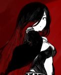  1girl bare_shoulders belt black_hair breasts crow_(gravity_daze) detached_sleeves gravity_daze gravity_daze_2 hair_over_one_eye hand_on_neck long_hair long_sleeves multicolored_hair profile red_hair solo two-tone_hair 