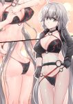  1girl ahoge ass bikini black_bikini black_gloves breasts bubble_background butt_crack choker chung_cthemax cleavage commentary commentary_request english_commentary eyebrows_visible_through_hair fate/grand_order fate_(series) gloves gluteal_fold hair_between_eyes highres jacket jeanne_d&#039;arc_(alter_swimsuit_berserker) jeanne_d&#039;arc_(fate)_(all) korean_commentary large_breasts long_hair multiple_views navel o-ring o-ring_bikini orange_background shrug_(clothing) silver_hair solo swimsuit very_long_hair yellow_eyes 