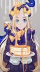  1girl abigail_williams_(fate/grand_order) bangs black_bow black_dress blonde_hair blue_eyes bow dress fate/grand_order fate_(series) gina_61324 grey_background hair_bow highres holding holding_plate long_hair long_sleeves looking_at_viewer multiple_hair_bows parted_bangs plate polka_dot polka_dot_bow sleeves_past_wrists smile solo standing tentacle very_long_hair yellow_bow 