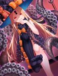  1girl abigail_williams_(fate/grand_order) asymmetrical_legwear bangs black_bow black_headwear black_legwear black_panties blonde_hair blush bow commentary_request dutch_angle evil_grin evil_smile fate/grand_order fate_(series) feet grin hand_up hat hat_bow highres kasaran keyhole knee_up legs long_hair no_shoes orange_bow panties parted_bangs red_eyes revealing_clothes single_thighhigh sitting skull_print smile soles solo stuffed_animal stuffed_toy suction_cups teddy_bear tentacle thighhighs toes topless underwear v-shaped_eyebrows very_long_hair witch_hat 