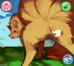  &lt;3 &lt;3_eyes all_fours anus black_eyes blush butt canid canine clitoris cloud disembodied_hand drooling ears_up female feral fluffy fluffy_tail fur game_(disambiguation) grass kitsustar looking_at_viewer looking_back mammal ninetales nintendo pok&eacute;mon pok&eacute;mon_(species) pok&eacute;mon_amie pussy rear_view saliva sky snout solo sweat tail_aside tan_fur video_games 