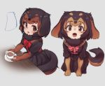  2girls animal_ears animal_print blush bow bowtie brown_eyes brown_hair cup dachshund_(kemono_friends)_(nyifu) dog_ears dog_print dog_tail elbow_gloves eyebrows_visible_through_hair fur_collar gloves harness kemono_friends light_brown_hair multiple_girls nyifu original pleated_skirt sailor_collar seiza short_hair sitting skirt tail tea teacup 