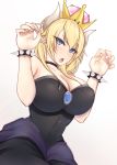  1girl bangs bare_shoulders black_collar black_dress blonde_hair blue_earrings blue_eyes blush bowsette bracelet breasts chichikoucha claw_pose cleavage collar covered_navel crown dress erect_nipples frown gem gradient gradient_background highres horns jewelry large_breasts long_hair looking_at_viewer mario_(series) new_super_mario_bros._u_deluxe nintendo pointy_ears solo spiked_bracelet spikes strapless strapless_dress super_crown 