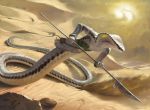  &copy; 2017 4_fingers desert digital_media_(artwork) english_text footprint hi_res holding_object holding_weapon melee_weapon naga photorealism polearm reptile rock sand scales scalie snake solo spear sun text victoradameart weapon year 