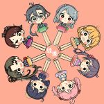  6+girls ahoge akebono_(kantai_collection) amagiri_(kantai_collection) asymmetrical_bangs ayanami_(kantai_collection) bandaid bandaid_on_face bangs bell bikini black_hair blue_swimsuit blush_stickers brown_eyes brown_hair candy_apple chibi circle flower food fujinozu glasses green_bikini grey-framed_eyewear grey_hair grey_kimono hair_bell hair_between_eyes hair_bobbles hair_flower hair_ornament hairband highres innertube japanese_clothes jingle_bell kantai_collection kimono long_hair looking_at_viewer multiple_girls oboro_(kantai_collection) one-piece_swimsuit one_eye_closed pink_background pink_bikini pink_eyes pink_hair polka_dot polka_dot_swimsuit ponytail print_kimono purple_eyes purple_hair purple_hairband sagiri_(kantai_collection) sazanami_(kantai_collection) shikinami_(kantai_collection) short_hair side_ponytail silver_hair swept_bangs swimsuit tongue tongue_out twintails ushio_(kantai_collection) very_long_hair yukata 