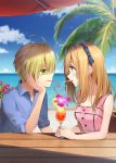  1boy 1girl ahoge beach blonde_hair blue_eyes blue_shirt blue_sky blurry blurry_background blush brown_hair cloud collared_shirt commentary_request couple creatures_(company) cup drink drinking drinking_glass drinking_straw earrings eye_contact flower game_freak gladio_(pokemon) green_eyes hairband hand_on_own_cheek hetero highres horizon jewelry long_hair looking_at_another mizuki_(pokemon) nintendo ocean open_collar palm_tree pink_flower pink_tank_top pokemon pokemon_(game) pokemon_sm profile rupinesu shirt signature sky sleeveless table tank_top tree wing_collar 