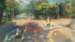  2girls bag black_legwear blue_eyes blue_sky bridge brown_dress brown_eyes brown_hair child clannad cloud commentary_request crosswalk dappled_sunlight day dress hand_holding highres ibuki_fuuko jacket lamppost long_hair long_sleeves making-of_available mary_janes multiple_girls okazaki_ushio outdoors pantyhose pink_shirt power_lines red_footwear road road_sign scenery shirt shoes short_hair shoulder_bag sidewalk sign signature sky sleeveless sleeveless_dress stairs street sunlight telephone_pole tree walking white_jacket xiaobanbei_milk yellow_dress yellow_footwear 