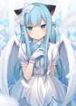  1girl amashiro_natsuki angel_wings animal_ears bangs blue_bow blue_eyes blue_hair blurry blurry_background blush bow cat_ears closed_mouth commentary_request depth_of_field dress eyebrows_visible_through_hair feathered_wings flower gloves grey_dress hair_between_eyes hair_bow hair_flower hair_ornament hand_up head_tilt highres long_hair original puffy_short_sleeves puffy_sleeves short_sleeves smile solo transparent very_long_hair white_bow white_flower white_gloves white_wings wings 