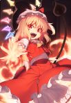  1girl :d ascot black_background blonde_hair bloomers bow cowboy_shot crystal eyebrows_visible_through_hair fire flame flandre_scarlet foreshortening frilled_shirt_collar frills hat hat_bow holding kaiza_(rider000) laevatein looking_at_viewer mob_cap one_side_up open_mouth outstretched_arm petticoat puffy_short_sleeves puffy_sleeves red_bow red_eyes red_skirt red_vest shirt short_hair short_sleeves simple_background skirt smile solo touhou underwear vest white_bloomers white_headwear white_shirt wings yellow_neckwear 