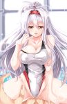  1girl alternate_costume alternate_hairstyle breasts commentary_request erect_nipples girl_on_top grey_eyes hairband high_ponytail highres impossible_clothes impossible_swimsuit jewelry kantai_collection kentan_(kingtaiki) large_breasts long_hair looking_at_viewer one-piece_swimsuit pov ring shoukaku_(kantai_collection) silver_hair solo_focus spread_legs straddling strap_slip swimsuit taut_clothes taut_swimsuit wedding_band white_swimsuit 