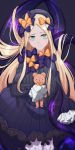  1girl abigail_williams_(fate/grand_order) bangs black_background black_dress black_headwear blonde_hair blue_eyes bow dress fate/grand_order fate_(series) frown gina_61324 hair_bow hat holding holding_stuffed_animal long_hair looking_at_viewer multiple_hair_bows orange_bow pants pants_under_dress parted_bangs polka_dot polka_dot_bow purple_bow shiny shiny_hair short_dress sleeves_past_fingers sleeves_past_wrists solo standing stuffed_animal stuffed_toy teddy_bear tentacle very_long_hair white_pants 