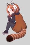  1girl animal_ears black_gloves black_legwear blush brown_eyes closed_mouth eating eyebrows_visible_through_hair food full_body gloves grey_background holding holding_food japari_bun kemono_friends lesser_panda_(kemono_friends) looking_at_viewer nyifu orange_hair panda_ears panda_tail pantyhose simple_background sitting solo tail white_hair 